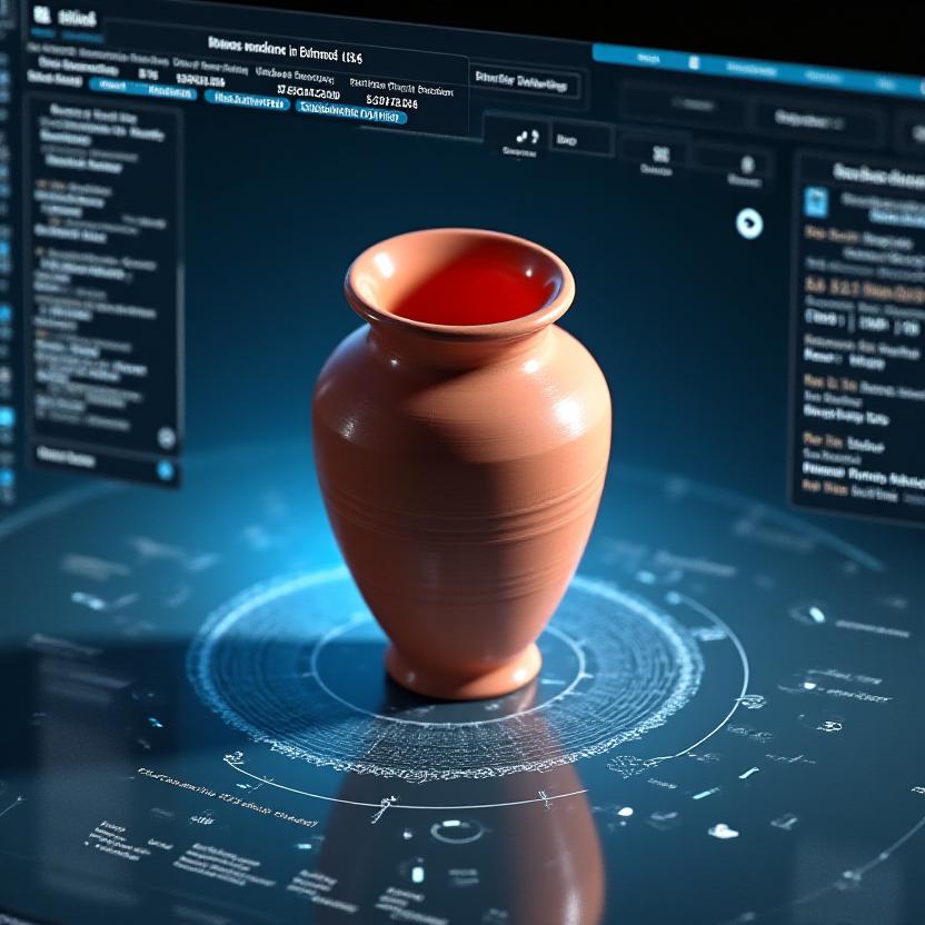 Interfaz de software mostrando un jarrón de arcilla 3D