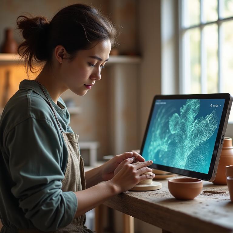 Ceramista utilizando software de inteligencia artificial en el estudio